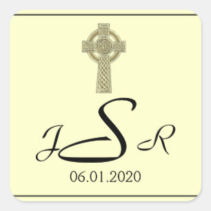 Keltisches Kreuz in Gold-Elfenbeinmonogramm-Aufkle Quadratischer Aufkleber