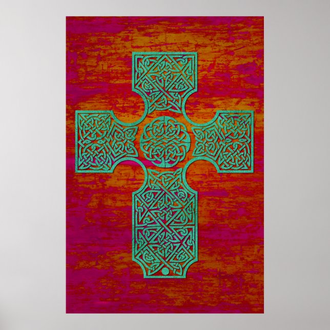 Keltisches Kreuz: Patina auf Rot Poster (Vorne)