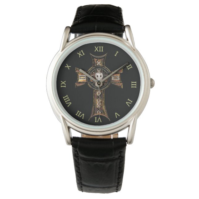 Keltisches Kreuz und Schädel (Gold) Armbanduhr (Vorderseite)