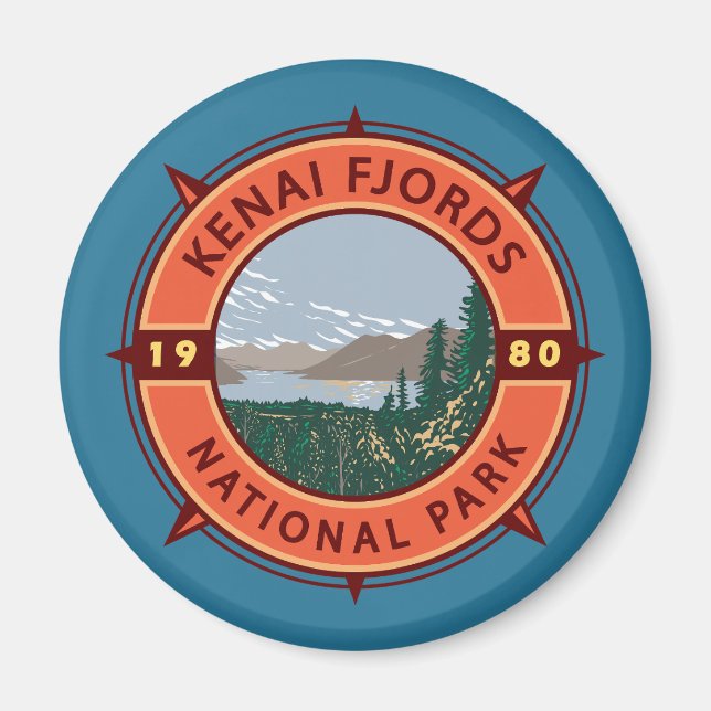 Kenai Fjords Nationalpark Retro Kompass Emblem Magnet (Vorne)