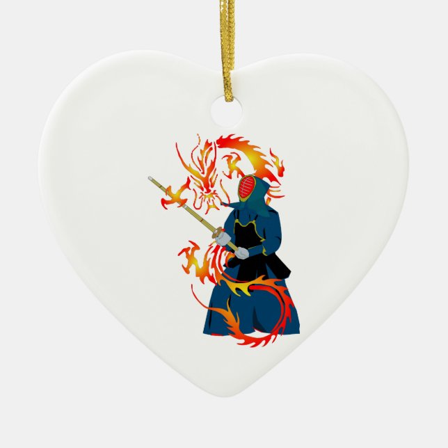 Kendo Schwertfechter-und Feuer-Drache Keramikornament (Vorne)