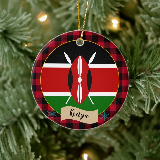 Kenia, Roter Büffel kariert & Kenianische Flagge Keramik Ornament (Baum)
