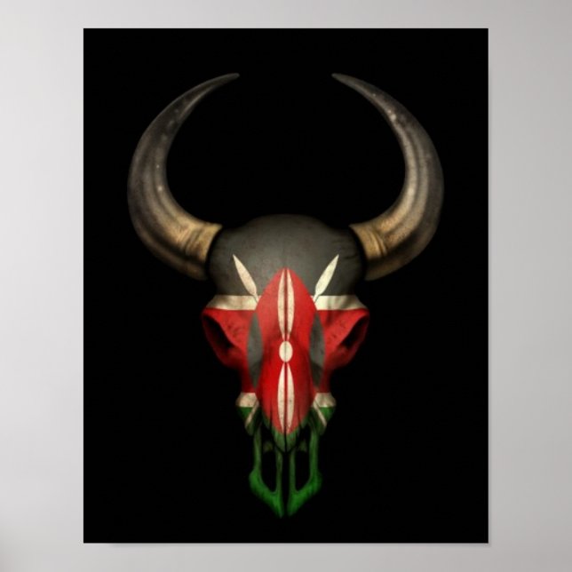 Kenianische Flagge Bull Skull auf schwarz Poster (Vorne)