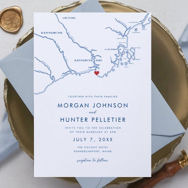 Kennebunkport Elegant Navy Minimalistische Hochzei Einladung (Kennebunkport Elegant Navy Blue Minimalist Wedding Invitation with Maine map by Coastal Map Designs)