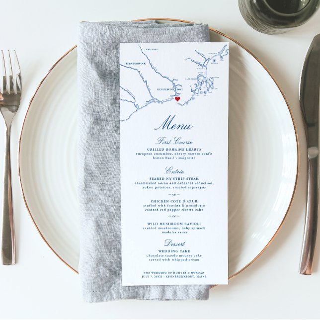 Kennebunkport Maine Carte Elégant Mariage de la ma (These navy blue Kennebunkport map wedding menus are perfect for your destination wedding to Maine)