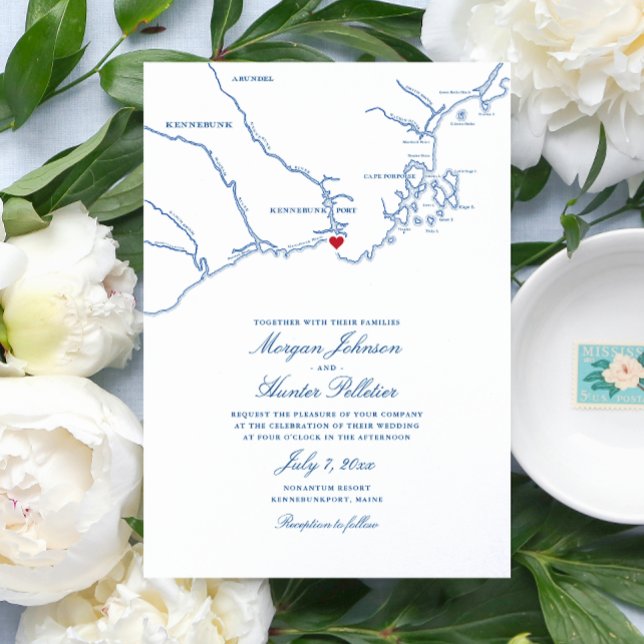 Kennebunkport Maine Elegant Mariage de carte marin (Navy Blue Kennebunkport Map Wedding invitations for a destination wedding at Nonantum Resort)
