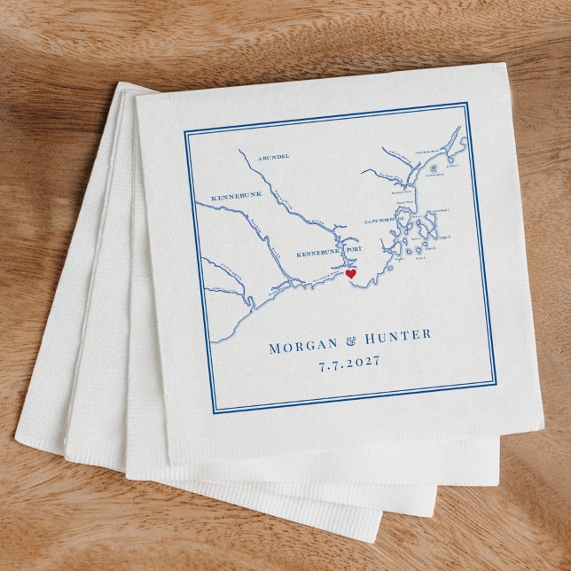 Kennebunkport Maine Map Navy Elegant Wedding Serviette (Kennebunkport Maine Map napkins custom made for a wedding at Nonantum Resort.)