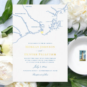 Kennebunkport Maine Wedding Elegant Navy und Gold Folieneinladung