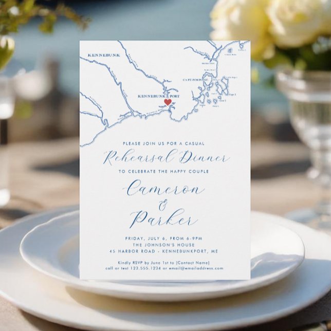 Kennebunkport ME Lässig Hochzeit Probe Dinner Einladung (Kennebunkport Maine Casual Wedding Rehearsal Dinner Invitation in Navy Blue from Coastal Map Designs)