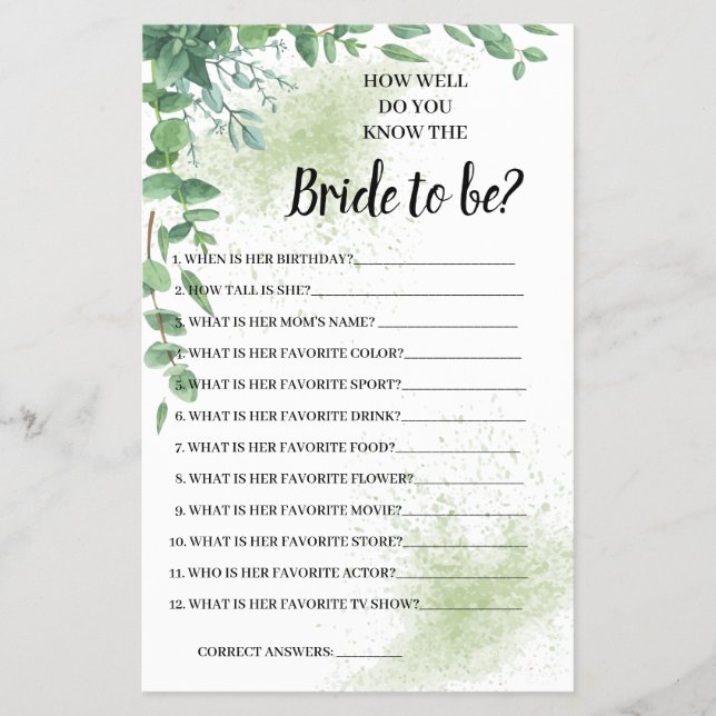 Kennen Sie die Bride Eukalyptus Shower Game Card? Flyer (Vorne)