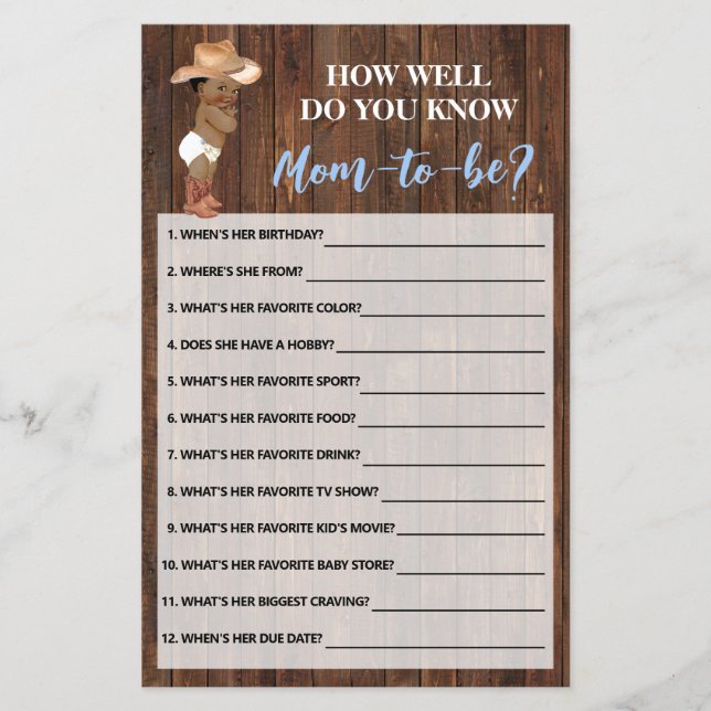 Kennen Sie die Mama OM Cowboy Shower Game Card? Flyer (Vorne)