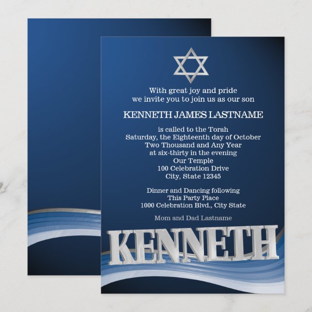 Kenneth Steel Wave Name Bar Mitzvah Einladung (Vorne/Hinten)
