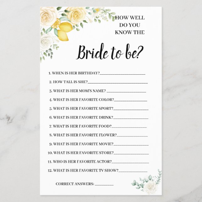 Kennst du die Bride Lemon&Rose Shower Game Card? Flyer (Vorne)