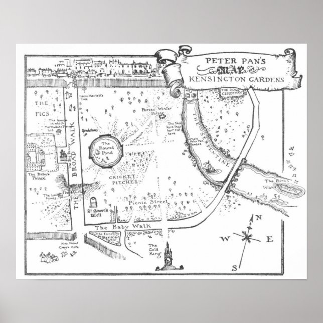 Kensington Gardens Peter Pan B & W Map Poster (Vorne)