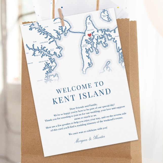 Kent Island MD Navy Blue Wedding Welcome Itinerary Dankeskarte (Kent Island MD Map Wedding Welcome Letter and Weekend Events Itinerary in Elegant Navy Blue)