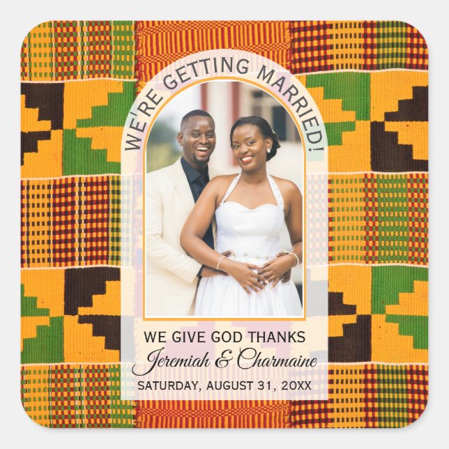 Kente Foto Benutzerdefinierter Name HOCHZEIT Quadratischer Aufkleber (Vorderseite)