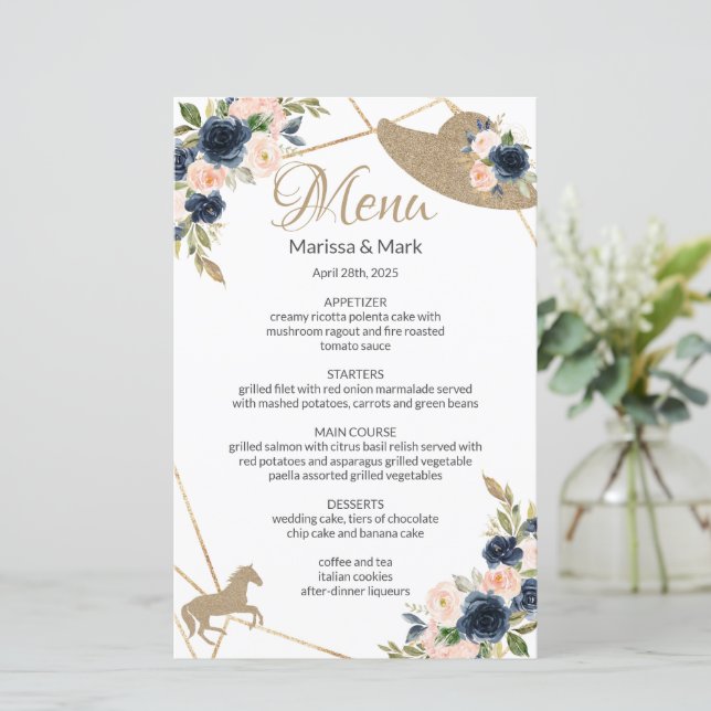 Kentucky Derby Blush & Navy Wedding Menu (Stehend Vorderseite)