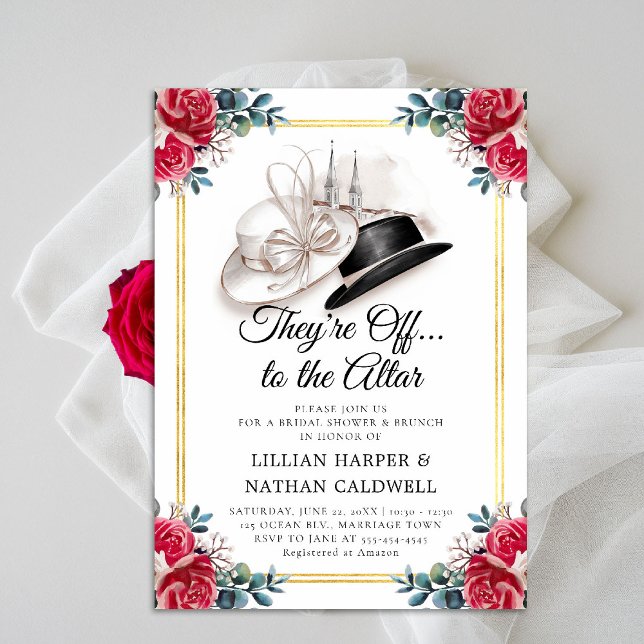 Kentucky Derby Wedding Brautparty Doppelrahmen Einladung (kentucky derby bridal shower invitation red roses churchill spires horse racing theme faux gold)