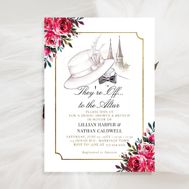 Kentucky Derby Wedding Brautparty Rose Einladung (kentucky derby bridal shower invitation red roses churchill spires horse racing theme gold frame)