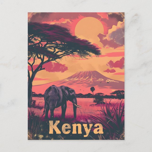 Kenya Elephant Sunset Postkarte (Vorderseite)