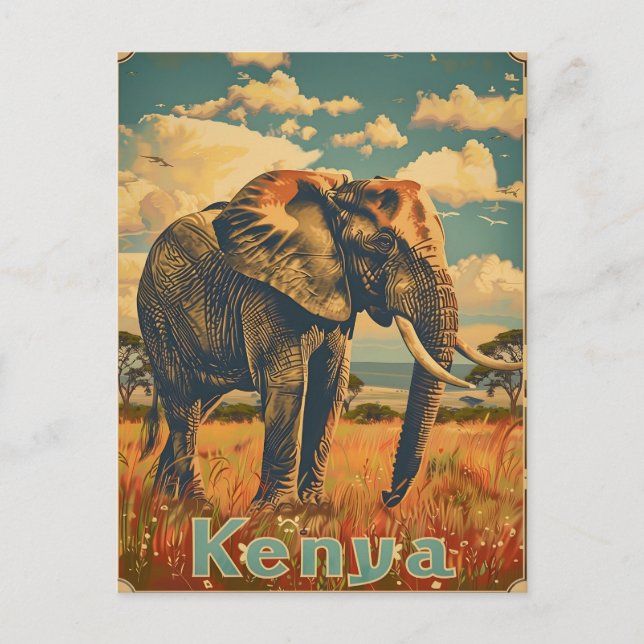 Kenya Elephant Vintag Postkarte (Vorderseite)