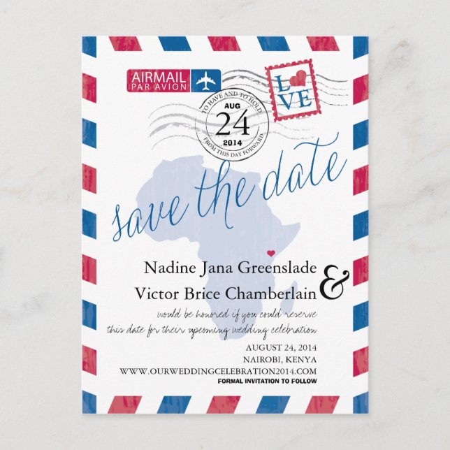 KENYA South Africa Airmail Wedding Save the Date Ankündigungspostkarte (Vorderseite)