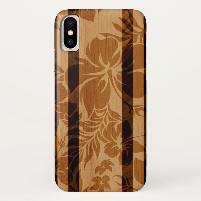 Keokea Strand-Hibiskus-Imitat-Holz-Surfbrett Case-Mate iPhone Hülle (Rückseite)