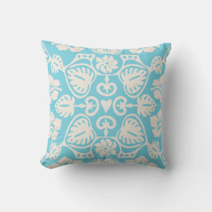 Keoni Hawaiian Monstera Leaf Damask Aqua Kissen
