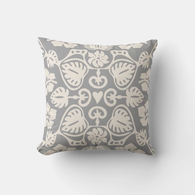 Keoni Hawaiian Monstera Leaf Damask Gray Kissen (Vorderseite)