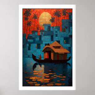 Kerala-Hausboot-Wandkunst Sonnenuntergang, Seerose Poster