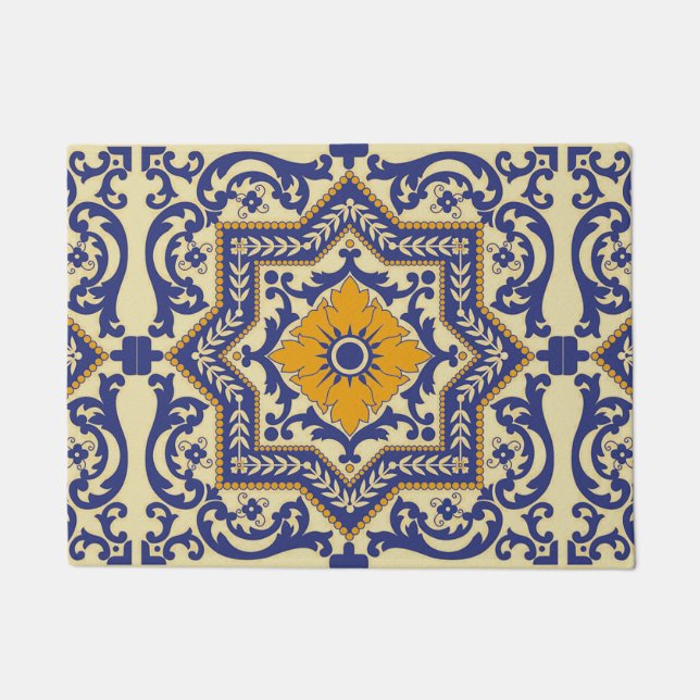 Keramik Azulejo Art-blaue orange Tür-Matte Fußmatte (Vorderseite)
