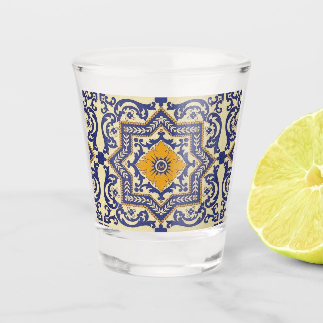 Keramik Azulejo Blauer Orange Schnapsglas (Vorderseite)