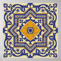 Keramik Azulejo Style Blue Orange Poster