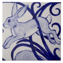 Keramik Blau-Weiß-Kaninchen Tile Art Deco 6" Fliese