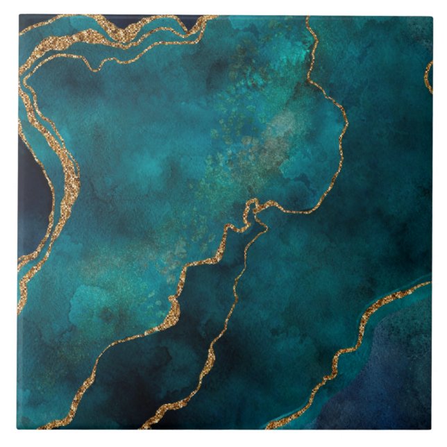 Keramik-Fliesen - Goldene Venen Marmor Aquamarin Fliese (Vorderseite)