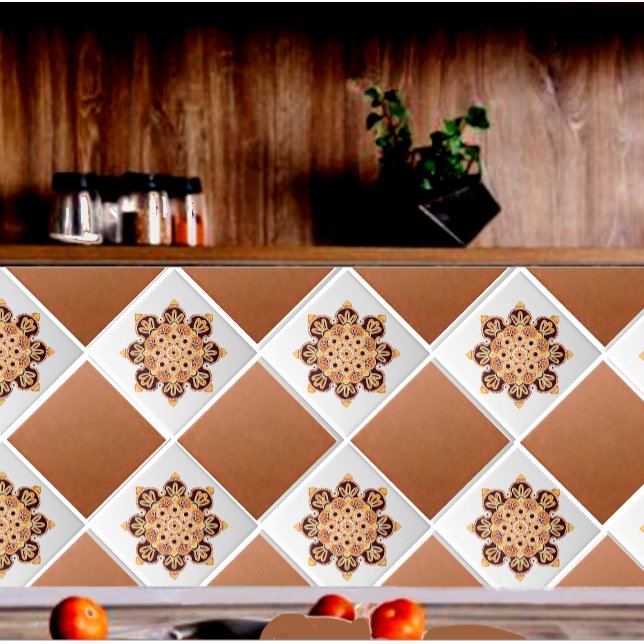 Keramik-Fliesen mit medallienbraun, goldgelb und o Fliese (Medallion tiles with copper field tiles shown on a backsplash.)