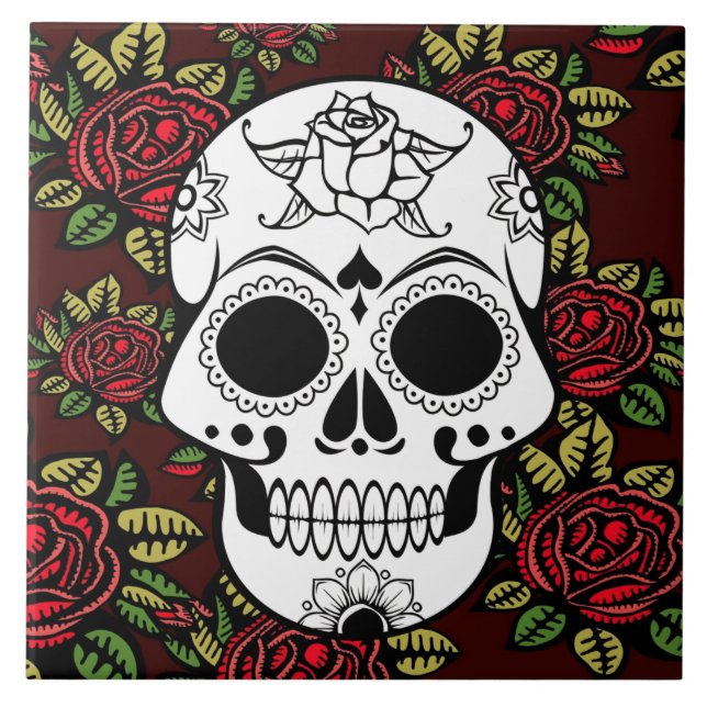 Keramik Fliesen Retro Art rote Rosen Zuckerschädel (Vorderseite)
