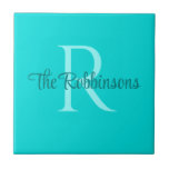Keramik für aquamarine Monogram-Familienname Fliese<br><div class="desc">Eine schöne personalisierte Kachel mit aquamarinen Farbtönen, individuelle Features wie Initial (Monogramm) und Familienname.</div>