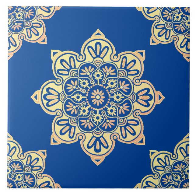 Keramik, gelbe Medaille auf tiefblau Fliese (Vorderseite)