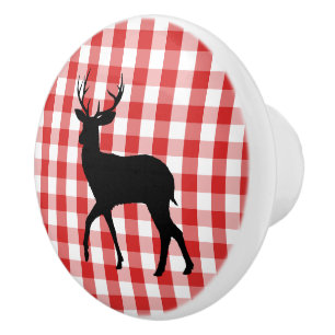 Keramik Kabinett Knob Red Kariert & Hirsch Keramikknauf