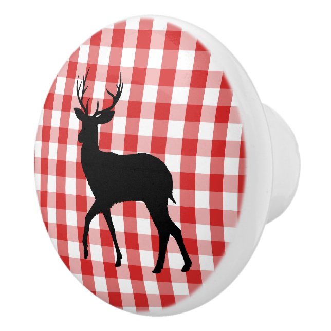 Keramik Kabinett Knob Red Kariert & Hirsch Keramikknauf (Rechts)