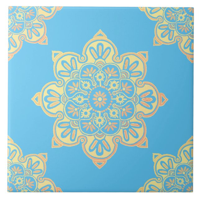 Keramik Kachel, gelbe Medaillons auf Cerulean blau Fliese (Vorderseite)