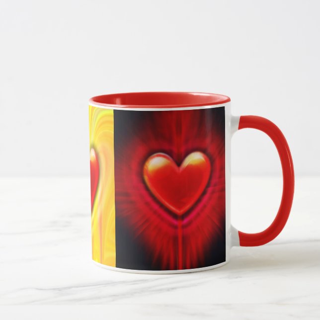 Keramik Kaffeemaschine Tasse. Rot-Gelb-Herzdesign. Tasse (Rechts)