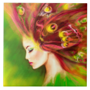 Keramik Kleine Frau Schmetterling grün Groß(6" X 6 Fliese