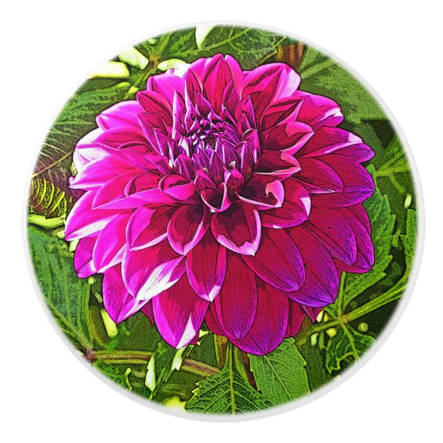 KERAMIK KNOB MIT PINK DAHLIA KERAMIKKNAUF (Vorderseite)