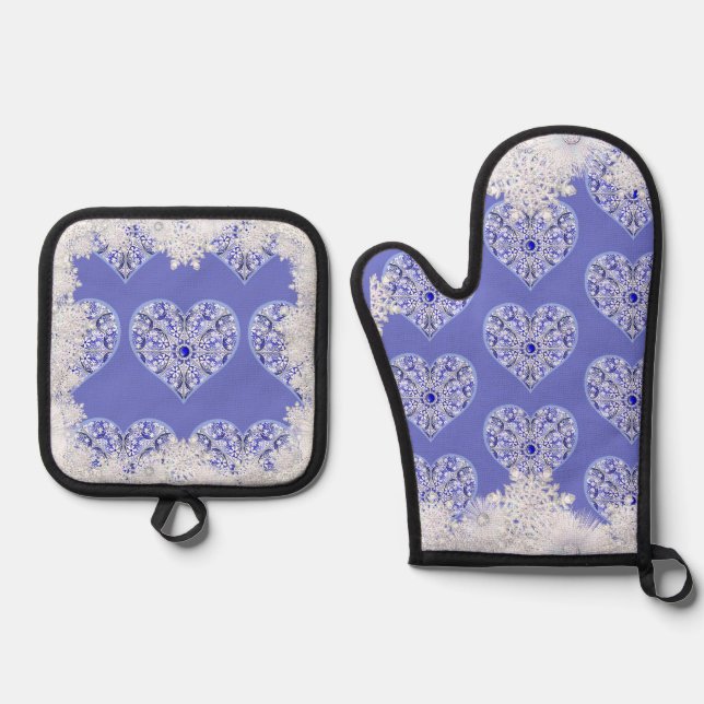 Keramik Lace Blue of Greece & Snowflake Ofenhandschuh & Topflappen-Set (Vorderseite)