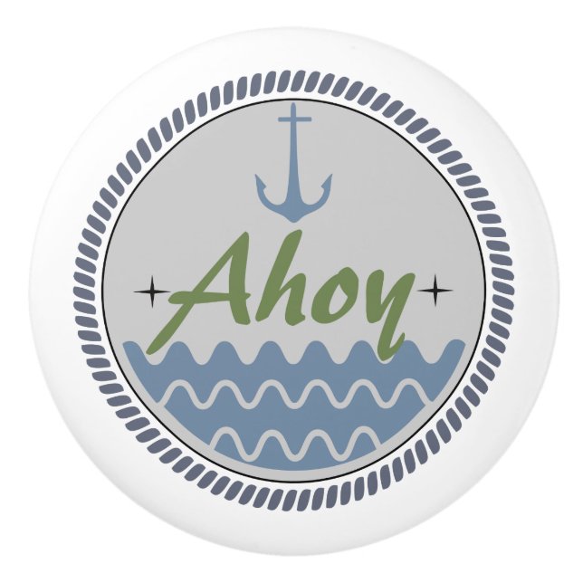 Keramik Pull, Design des Küstenlebens, blaues Ahoy Keramikknauf (Vorderseite)