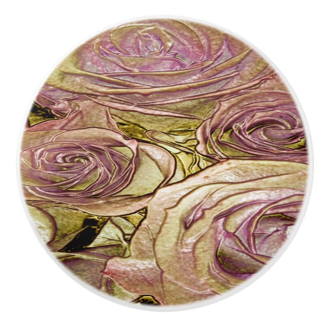 Keramik Pull - Golden Pink Roses Keramikknauf (Vorderseite)