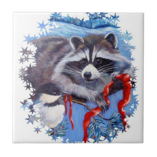 Keramik Raccoon und Chickadewinterplatte Fliese
