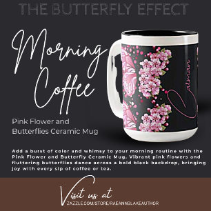 Keramik-Tasse mit rosa Blume und Schmetterlingen Zweifarbige Tasse